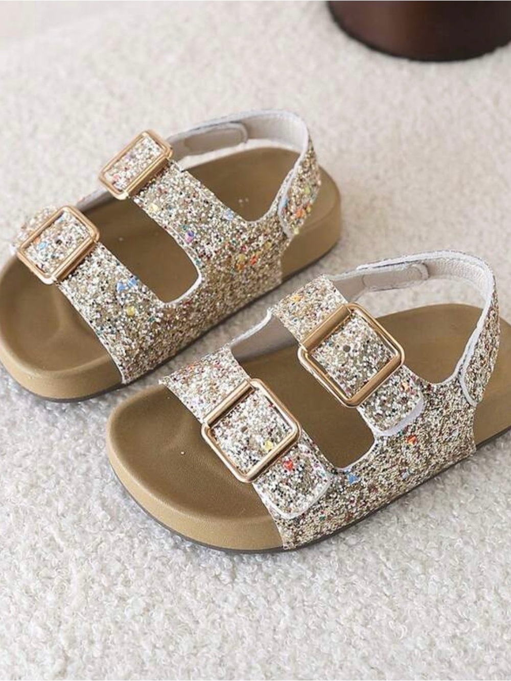 SHEIN Gold Glitter Double-Buckle Kids Sandals